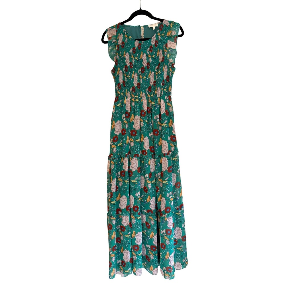 Melloday Teal Green Floral Smocked Tiered Maxi Dress Sleeveless Boho Small